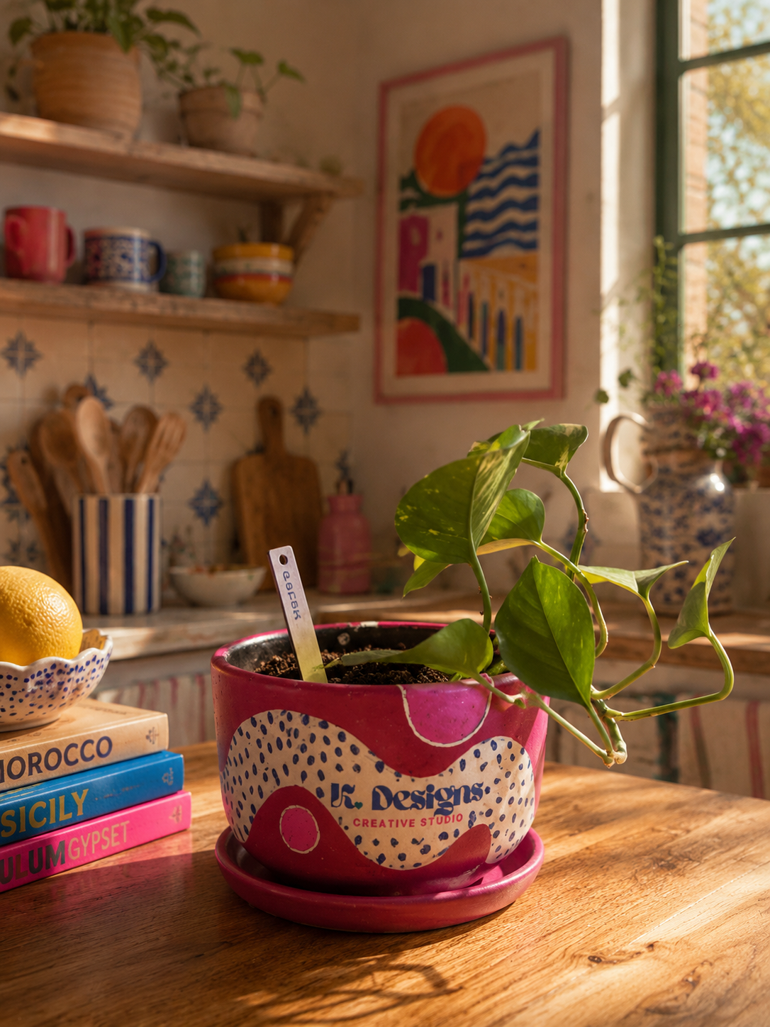 Securely Attached Handpainted Pot & Pot Saucer